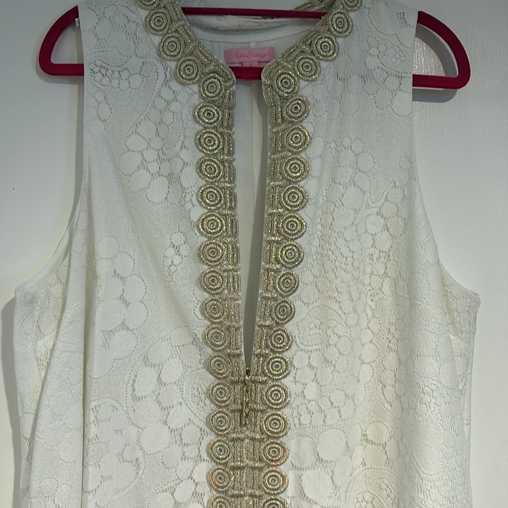 Lilly Pulitzer White Lace Shift Dress with Gold Detailing - Picture 4 of 6